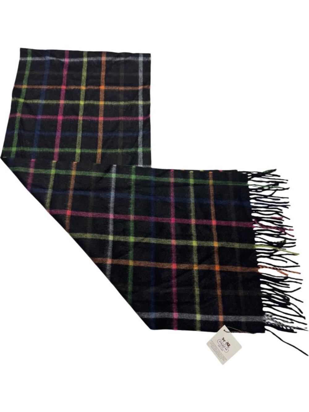 Coach 100% Cashmere Tattersail Scarf Black Multi-color New With Tags $178 Retail